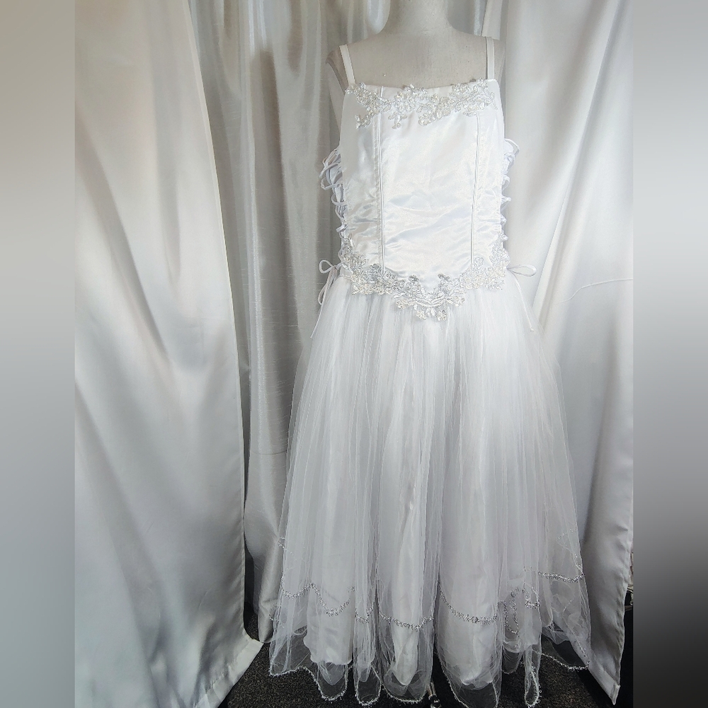 Tulle Wedding Dress, White+Silver Beads Lace, Laceup, Straps, Satin, 8-12 Short